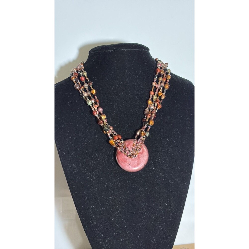 Vintage Earth Tones Multi-Strand Beaded Necklace with Large Rose Quartz...